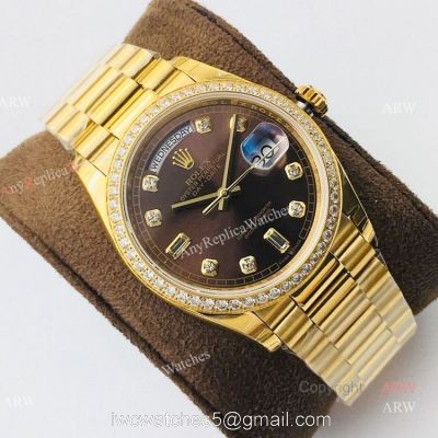 (EWF ) Swiss Rolex Oyster Perpetual Day Date Fake Watches Brown Diamond Dial