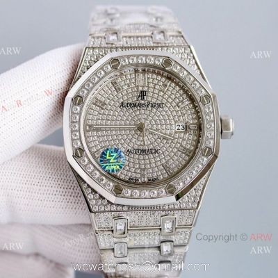 Best 41mm Silver Audemars Piguet Royal Oak Iced Out Replica Watches AP 15400