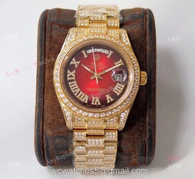 Mens Rolex Day Date Replica Watch  Asian 2836 Red Face Rolex Iced Out Watch