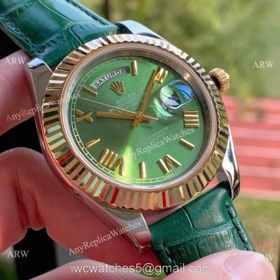 Upgraded Rolex DayDate II Green Dial Leather Strap Watch 41mm