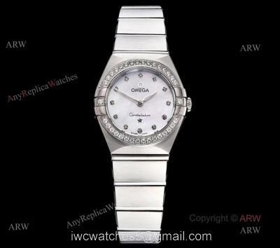 GF Factory Replica Omega Constellation Silver Diamond Bezel White Mop Dial Swiss Quartz Watch 25mm