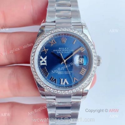 (EW) Swiss 3235 Replica Rolex Datejust Blue Dial 36mm Watch With Diamond Bezel