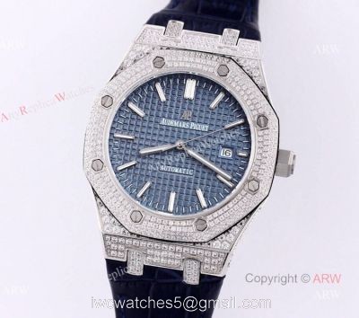 Swiss Replica Iced Out Audemars Piguet Royal Oak Blue Dial Watch  Blue Leather Strap