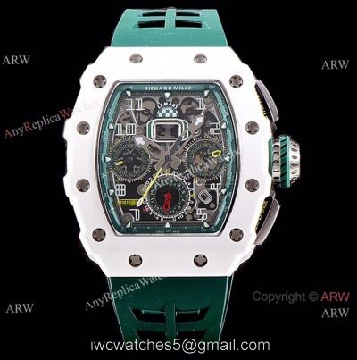 KV Factory Knockoff Richard Mille Green Rubber White Ceramic Replica Watch RM11-03