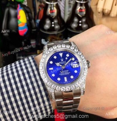 Fake Rolex Blue Face Submariner Date Diamond Bezel Stainless Steel Watches 40mm