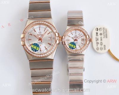 Swiss Quality Clone Omega Double Eagle Couple Watches  Silver Dial Diamond Bezel 38mm and 27mm