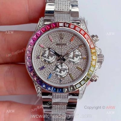 JH Factroy New Rolex Daytona Rainbow Full Pave Diamond Replica Watch  Swiss 4130 Movement