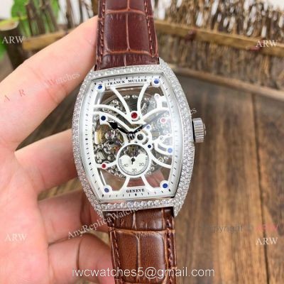 Knockoff Franck Muller Cintree Curvex Skeleton Watches SS Diamond Brown Leather Strap