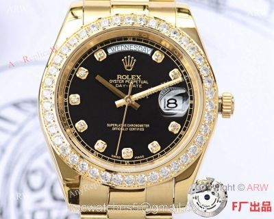 NEW UPGRADED Fake Presidential Rolex Daydate II Gold and Black Diamond Watch 41mm