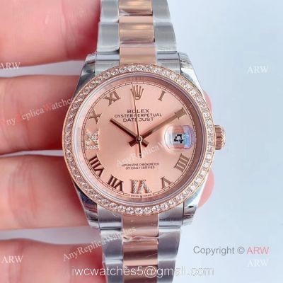 EW Factory Swiss Copy Rolex Datejust Rose Gold Dial Diamond Watch 36mm