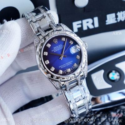 Rolex Lady Masterpiece Stainless Steel Blue Diamond Dial Watches 34mm Clone Rolex Datejust Watch