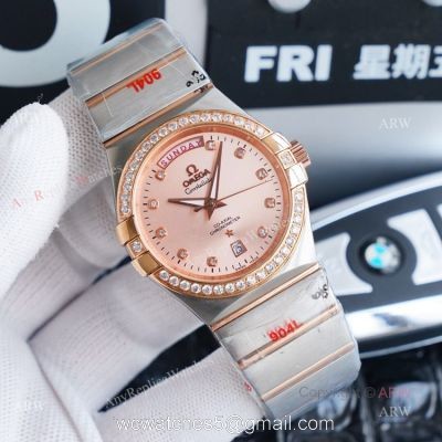 1:1 Swiss Replica Omega Constellation Double Eagle Rose Gold Diamond Watch 38mm