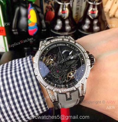 Copy Roger Dubuis Excalibur Automatic Skeleton SS Diamond Watch Gray Gummy Strap