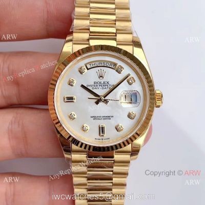 (EW Factory )Rolex Oyster Perpetual Day Date Fake Watch All Gold White MOP Dial 36mm