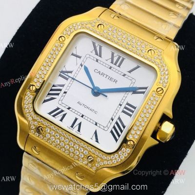 BV Factory 1:1 Replica Ladies Cartier Santos De Cartier All Gold Diamond Watch
