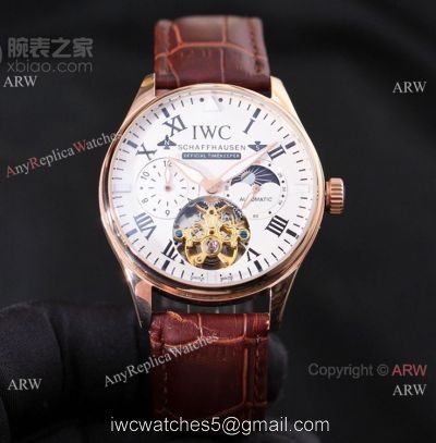 New IWC Schaffhausen Complications Men Watch White Dial Brown Leather Strap