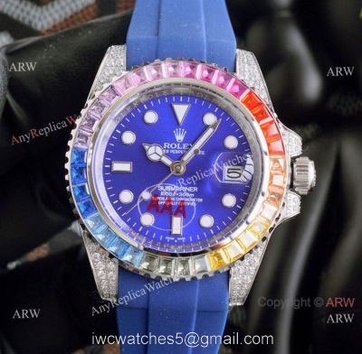 Top Replica Rolex Submariner Watch Rainbow Bezel Blue Rubber Strap