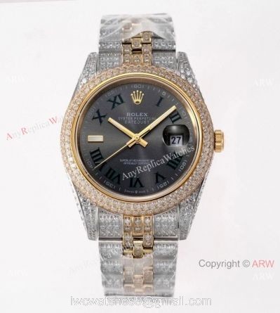 TW Factory Swiss Rolex Iced Out Datejust Watch Two Tone Grey Dial 41mm