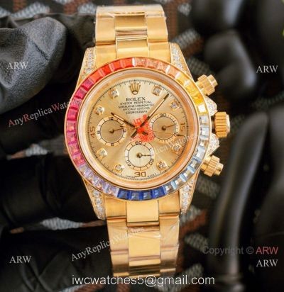 Fake Rolex Daytona Rainbow Bezel Yellow Gold Automatic Watch 43mm