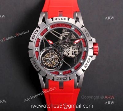 Swiss Replica Roger Dubuis Excalibur Spider Tourbillon Skeleton Watch With Red Rubber Band
