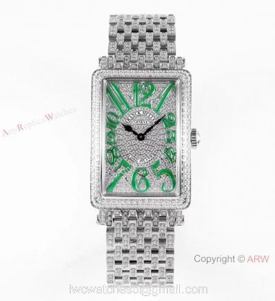 New! Iced Out Franck Muller Long Island Green Markers Watch Swiss Quartz Movement