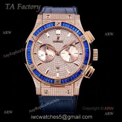 Hublot Big Bang Rose Gold Diamonds Swiss Replica Watches With Blue Diamond Bezel