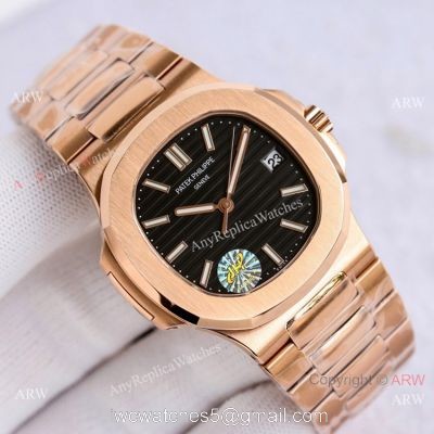 Swiss Copy Patek Philippe Rose Gold Black Dial Nautilus Watch PPF Cal.324 40mm