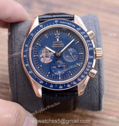 New! Copy Omega Speedmaster Apollo Chronograph Watch Black Leather Strap