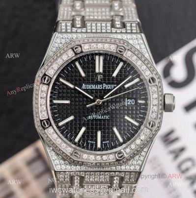 15400 Audemars Piguet Royal Oak 41mm Silver Iced Out Black Dial Copy Watch Swiss 3120