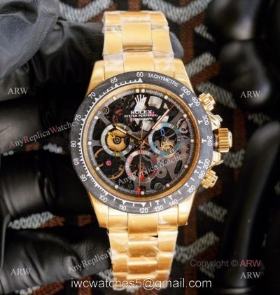 Best Replica Rolex Daytona Skeleton Montoya Yellow Gold Swiss 4130 Carbon Watch