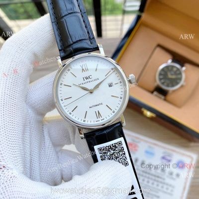 Knock off IWC Portofino Automatic Watches White Dial Black Leather Strap