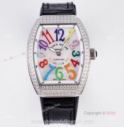 Best Replica Franck Muller Vanguard Diamond Watch For Women With Black Leather Strap