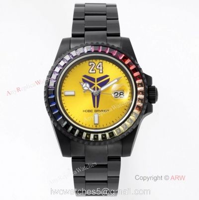 Swiss Replica Blaken Rolex Kobe Bryant Rainbow Diamond Bezel Yellow Dial Watch For Men