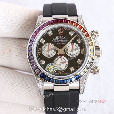 Swiss Replica Rolex Rainbow Daytona Black Face With Diamonds Oysterflex Strap Watch