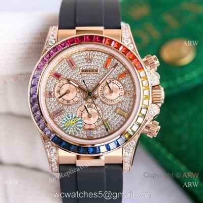 Swiss 7750 Rolex Rainbow Daytona Rose Gold Diamond Dial Rubber Strap Watch 40mm