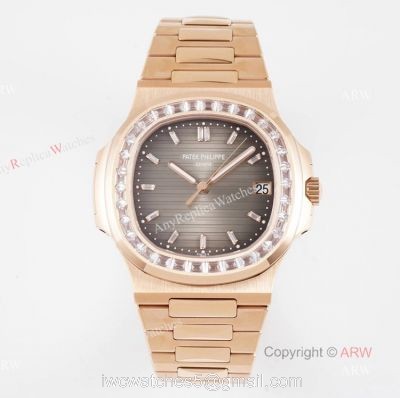 (PPF) V4 Version  Swiss Replica Rose Gold Patek Philippe Nautilus Diamond Watches With Gray Dial