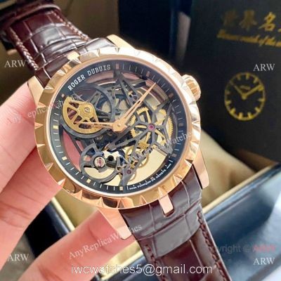 New Copy Roger Dubuis Excalibur 46mm Watch Rose Gold Black Hollow Dial