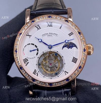 Super Clone Patek Philippe Tourbillon Moon phase Rose Gold Diamond Watch Power Reserve