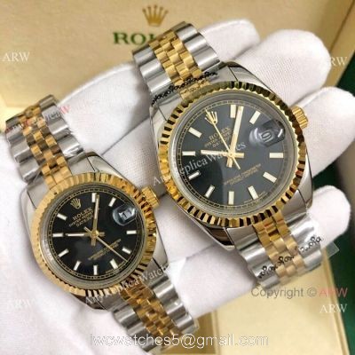 Copy Rolex Datejust 36mm and 31mm Watch 2 Tone Black Face