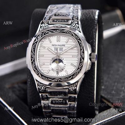 Copy Patek Philippe Nautilus Annual Calendar Watches Silver Dial Engraving Case