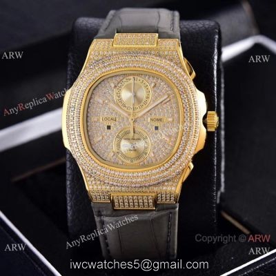 Copy Patek Philippe Nautilus Chrono Watches Full Diamonds Leather Strap