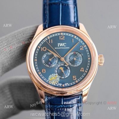 Swiss AAA IWC Portugieser Perpetual Calendar Replica Watch Rose Gold Blue Dial