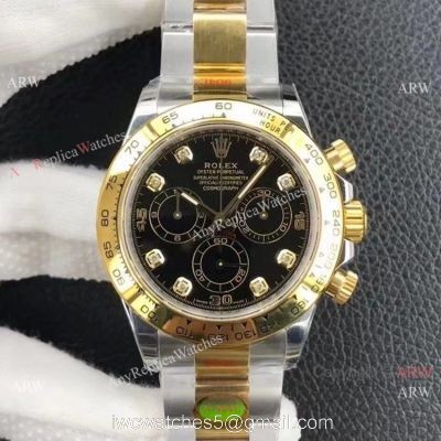 Custom Edition  AAA Replica Rolex Daytona 1:1 Noob Factory 4130 Two Tone Black Diamond