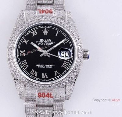 Fully Iced Out Rolex Watch For Mens Rolex Datejust 126334 Black Dial Roman Numerals Replica