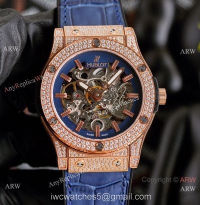 Copy Hublot Classic Fusion Hollow Rose Gold Iced Out Watches
