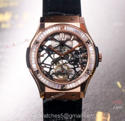 42mm Hublot Rose Gold Classic Fusion Skeleton Tourbillon Diamond Watch Replica