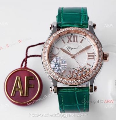 AF Factory Chopard Happy Sport 36mm Watch Rose Gold Bezel Green Leather Strap
