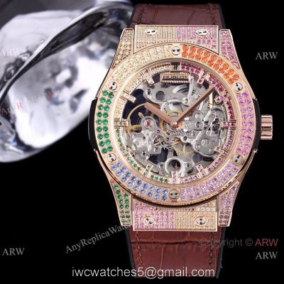 Replica Skeleton Hublot Rainbow Watch Rose Gold 45mm With Brown Leather Strap