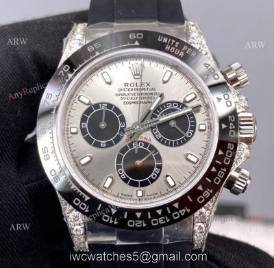 Pre-Sale Noob Factory Rolex Daytona Grey Dial Rubber Strap Swiss 4130 Watch with diamonds on the lugs
