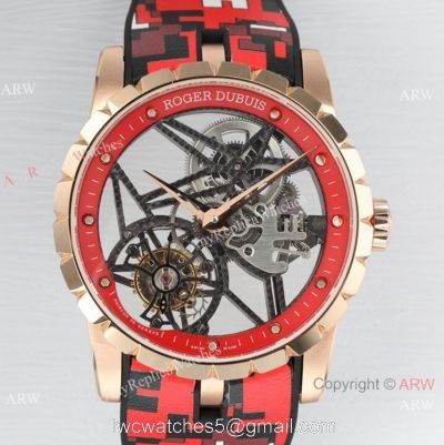2021 New! BBR Factory 1:1 Copy Roger Dubuis Excalibur Skeleton Flying Tourbillon Watch Rose Gold Skeleton Dial